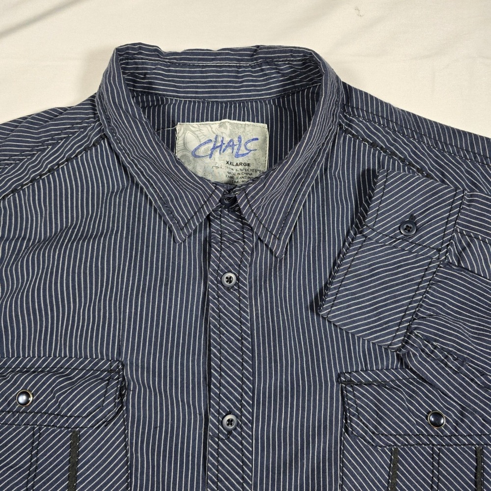 Chalc Mens‎ XXL Long Sleeve Button Down Shirt Navy Blue Pinstripe Casual Top